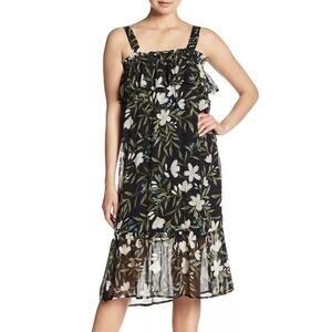 NWT Bobeau Black Floral Chiffon Tiered Party Dress Women's Size M
